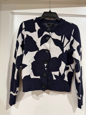 Ann Taylor Navy and White Floral-Print Button Cardigan